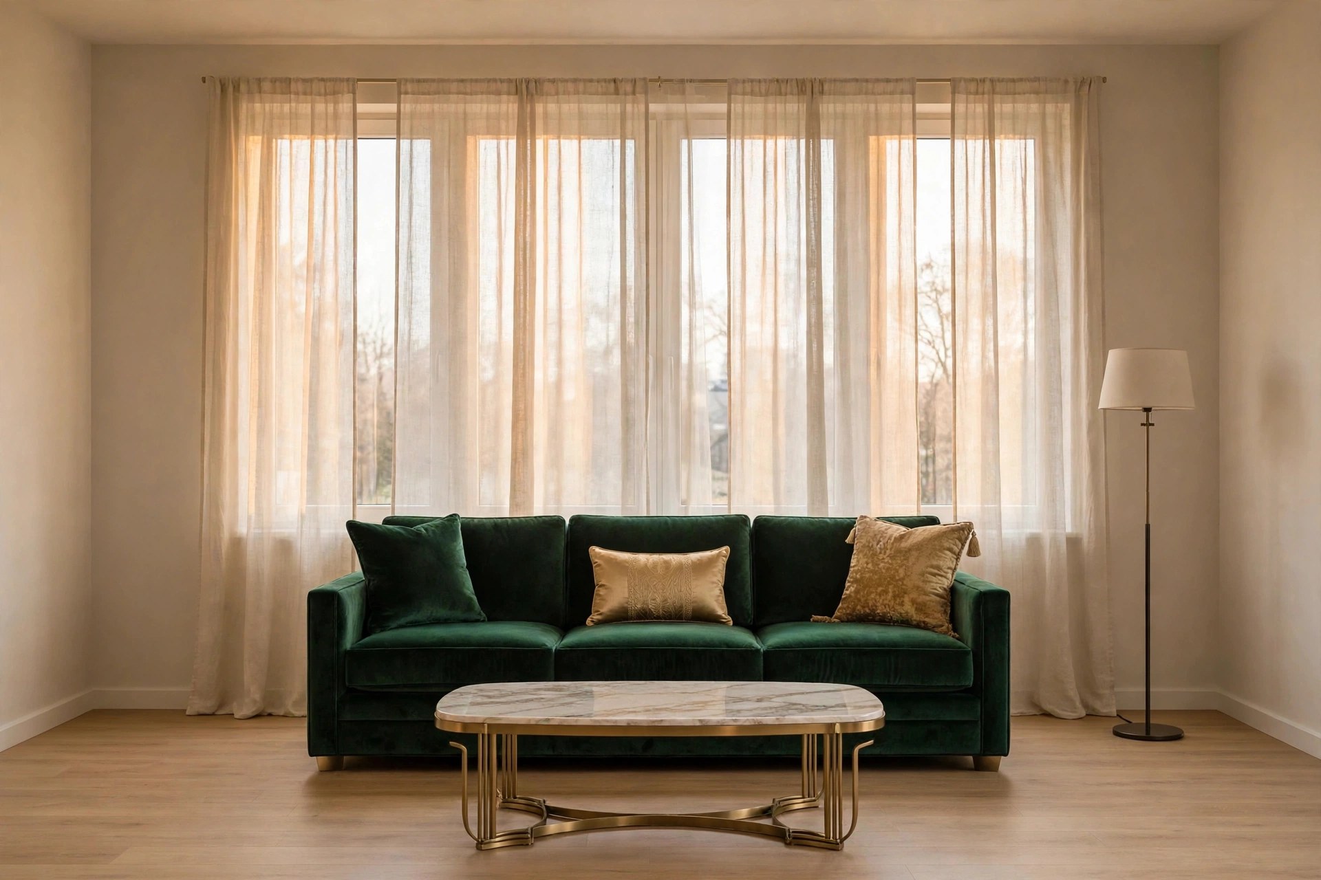 Same living room styled with a stunning emerald velvet sofa and designer coffee table from Bhavika Furniture
