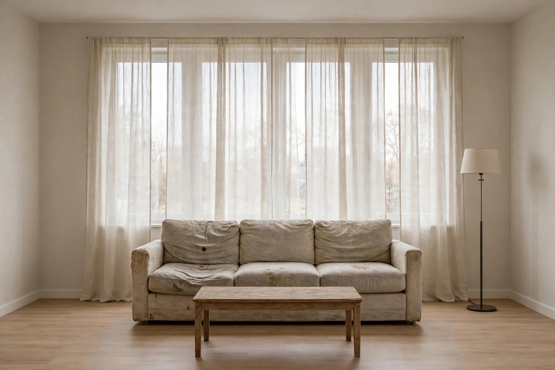 Same living room with an old, worn, sagging sofa and scratched coffee table